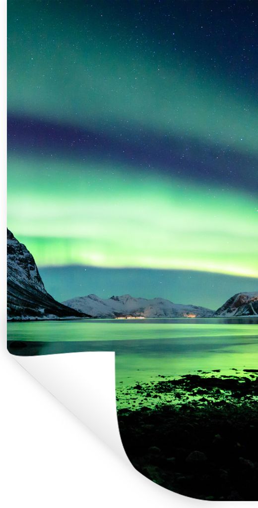 MuchoWow Wandtattoo Wandsticker Wandaufkleber Nordlicht - Norwegen - Eis - Gelb - Berg - Wasser - Schnee 60x120 cm Selbstklebend und Repositionie...
