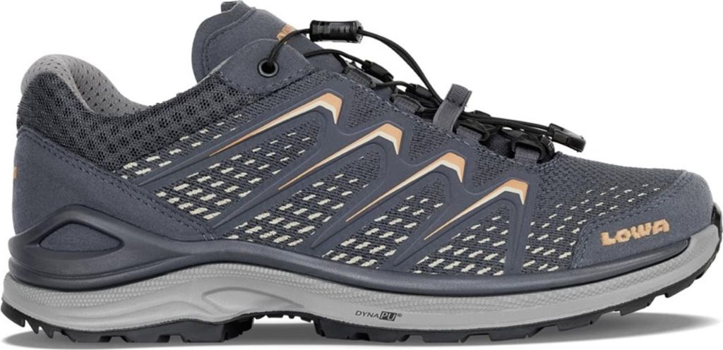 A side view of a single hiking shoe.