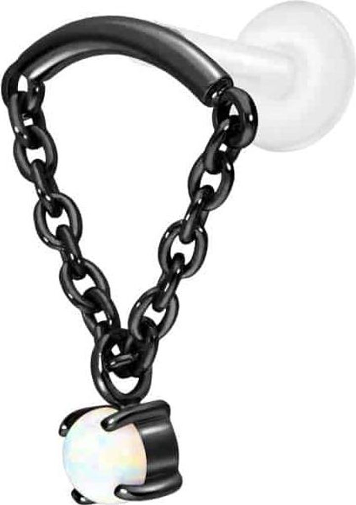 Ohrpiercing, Nasenpiercing PTFE Labret mit Innengewinde + Titan-Aufsatz BOGEN + KETTE + SYNTHETISCHER OPAL Schwarz Stablänge: 8mm | Stabstärke: 1...