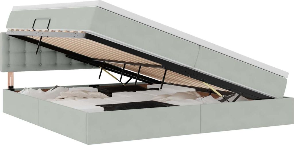 Bett mit Stauraum und LED mit LED Hellgrau 200 x 200 cm Samt