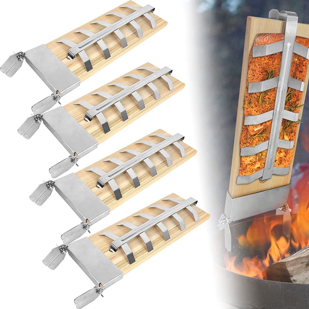 ACXIN Flammlachsbrett 4X Flammlachsbretter mit Edelstahl-Halterung Lachsbretter 5 Stufen Einstellbar Flammlachs Belastbarkeit bis 2,5KG