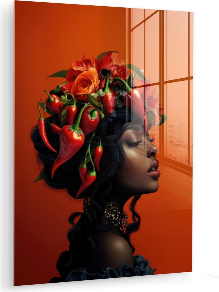 MuchoWow Glasbilder - Bilder auf Wandbild - Foto auf Glas Frau - Chilischoten - Blumen 30x40 cm Wanddekoration aus Glas - Acrylglasbild - Acrylbild...