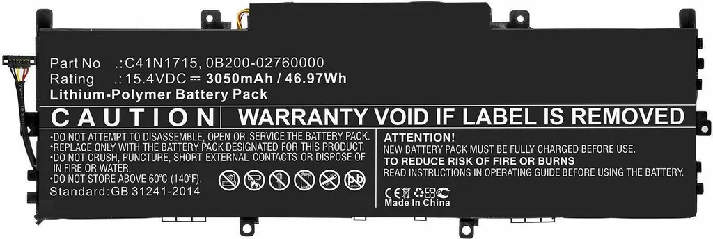 Batterie d'ordinateur portable compatible ASUS U3100FN MBXAS-BA0252 50Wh