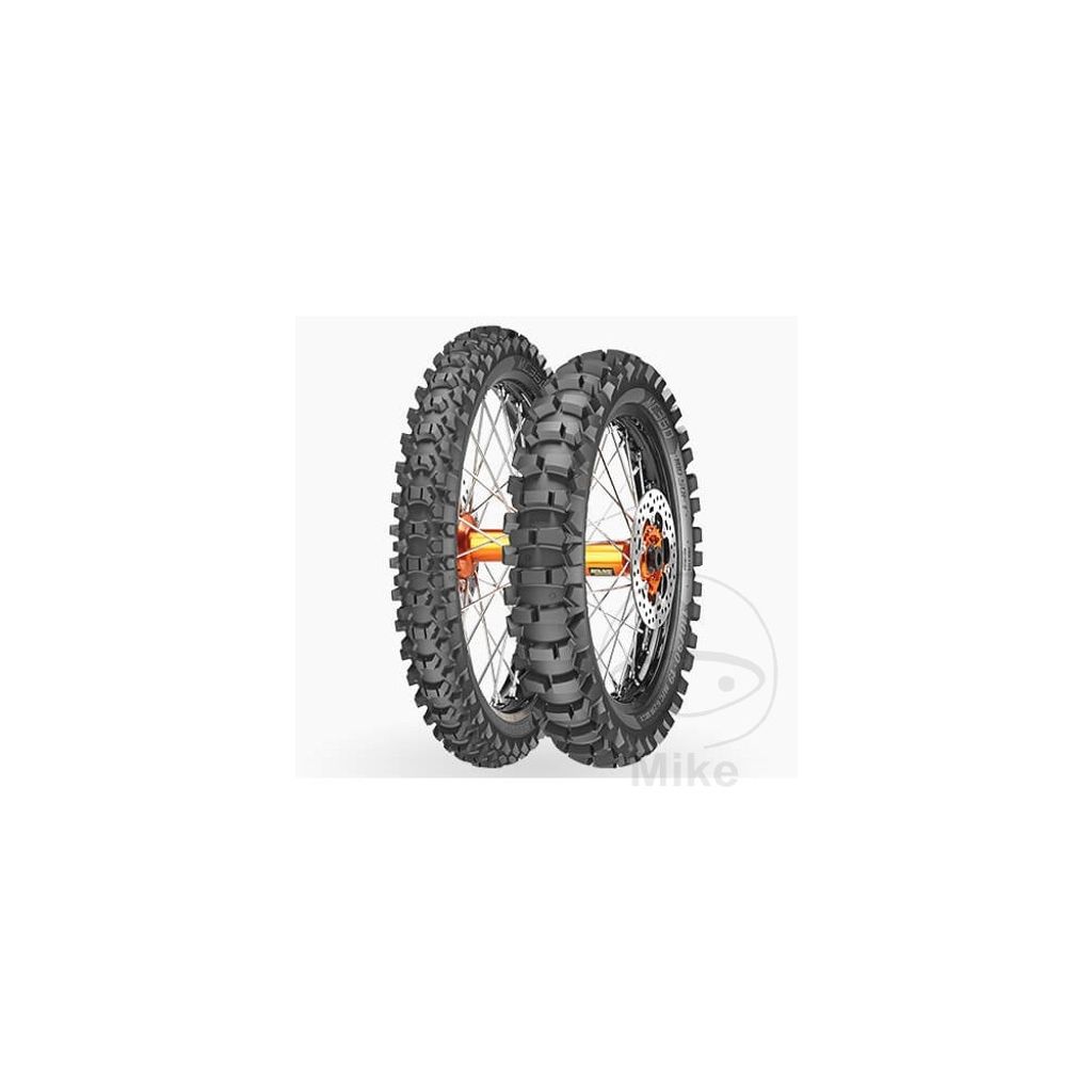 Two motorcycle tires are shown side-by-side on a white background.