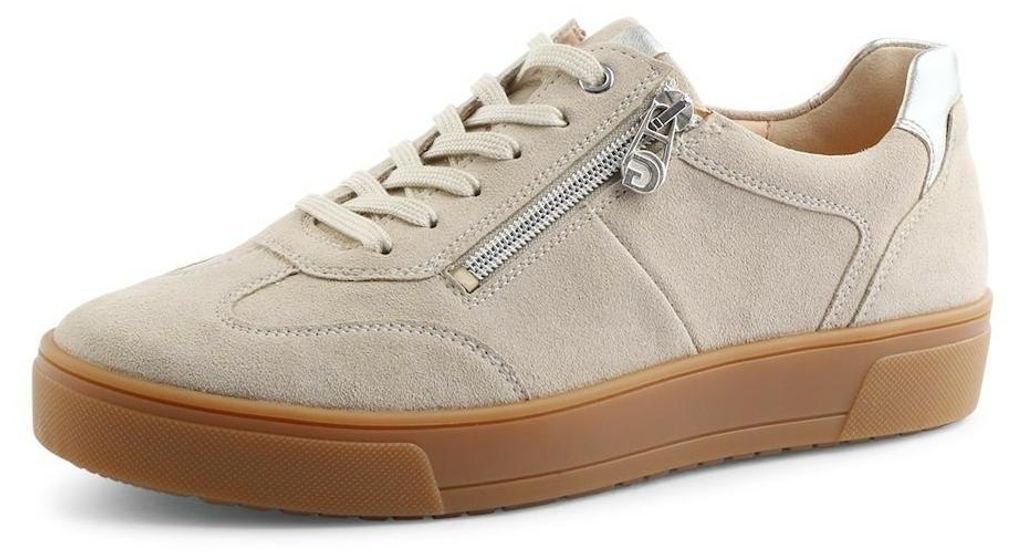 Ganter Damen Alltags-Sneaker Beige mit Schnürverschluss, seitlichem Reißverschluss und brauner Sohle