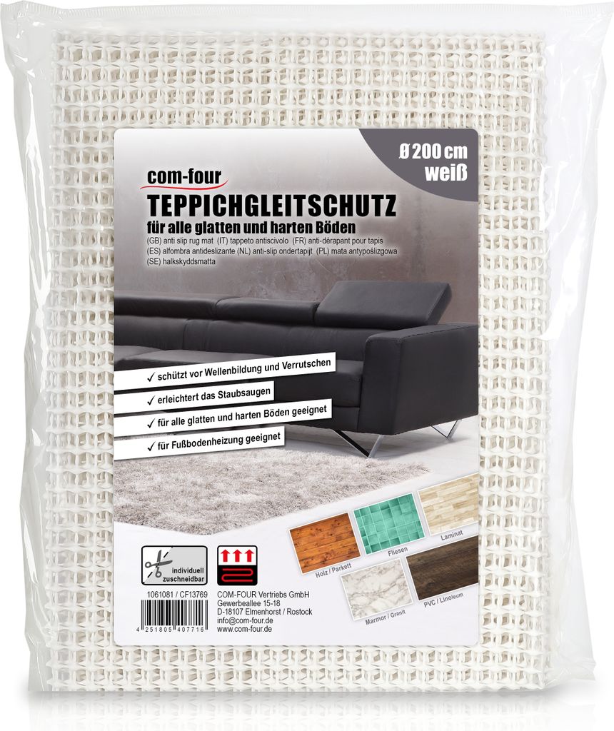 COM-FOUR Antirutschmatte für den Teppich - Teppichunterlage Ø 200 cm - Teppichstopper - rutschfeste Matte in weiß - zuschneidbare Schubladenmatte