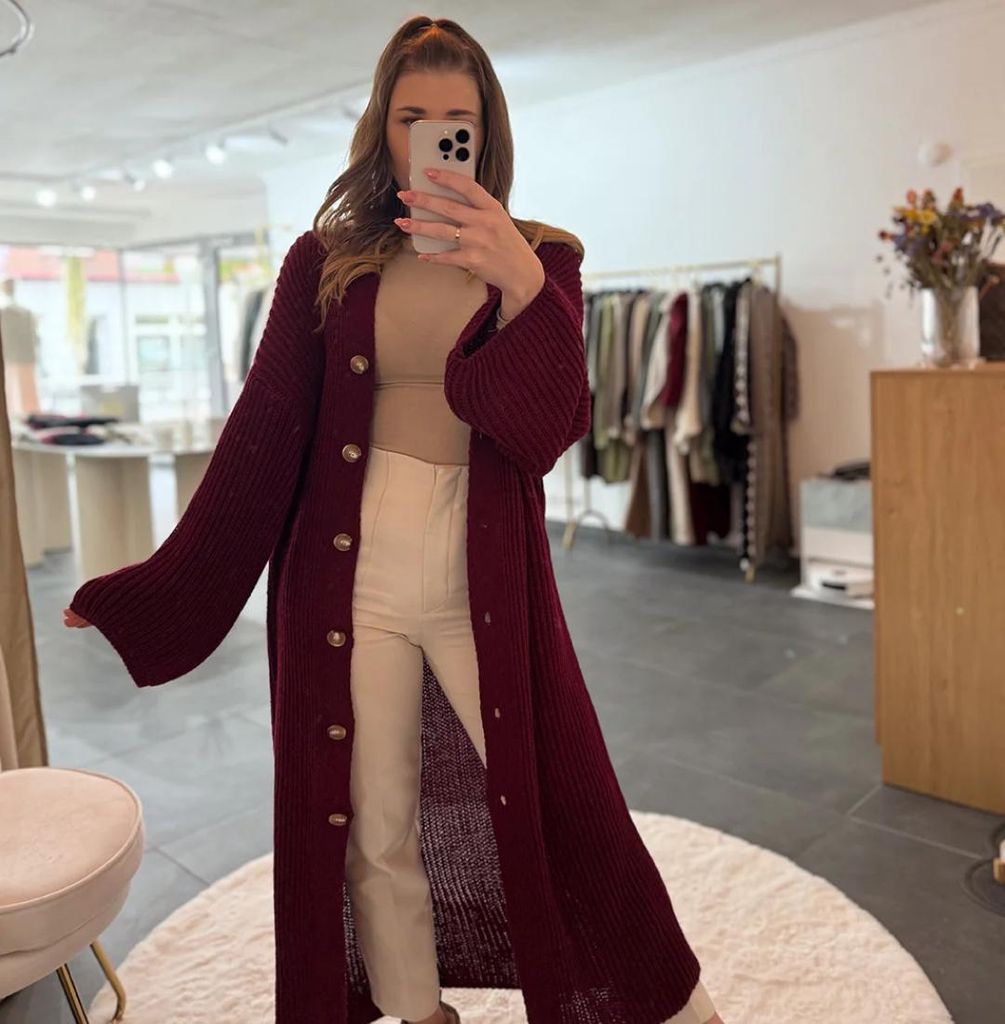 Strickjacke long Damen "Lena" Weinrot, Onesize (XS-XL), Frauen Langarm Grobstrickjacke, Herbst Winter Langes Strickmantel Frau Langer Strickjacke