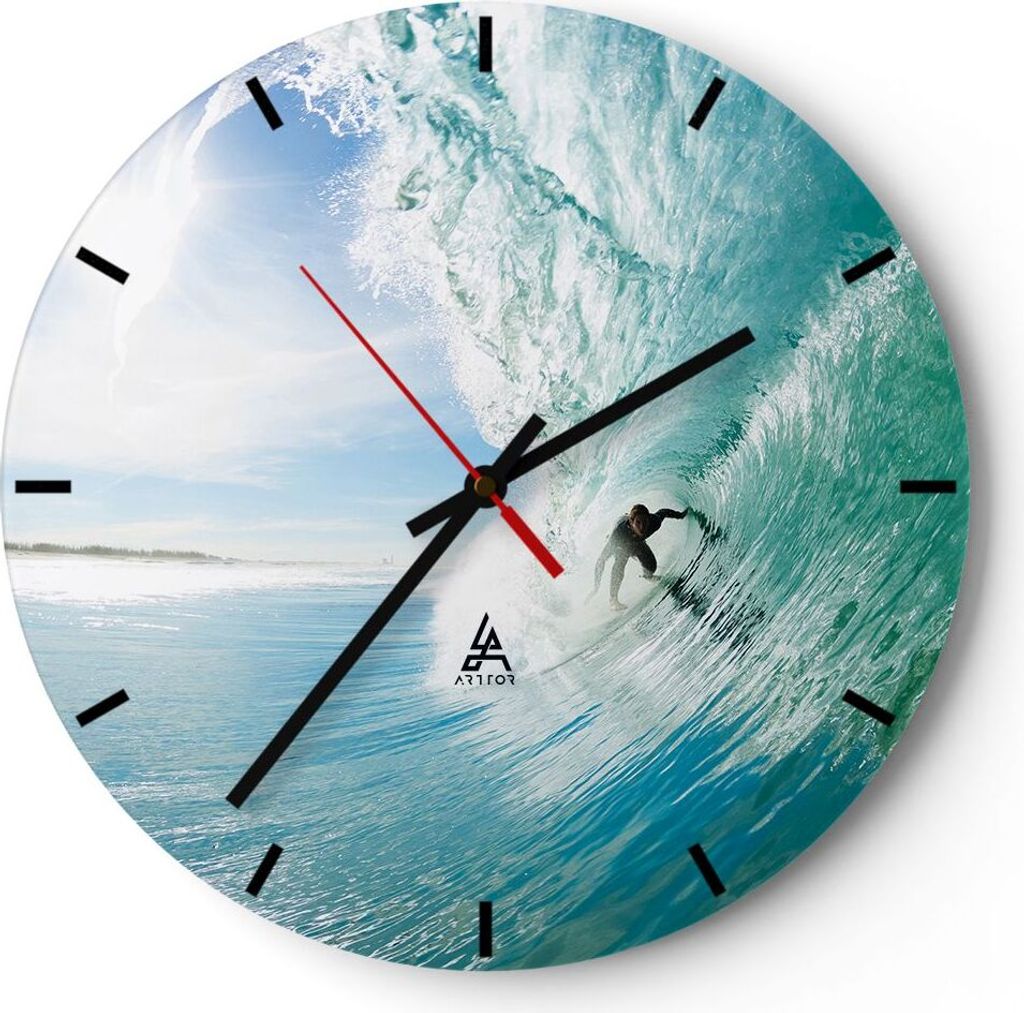 Wanduhr - Rund - Glasuhr - Abenteuer surfer welle ozean - 40x40cm - Schleichendes Uhrwerk - Lautlos - zum Aufhängen bereit - Dekoration Modern - W...