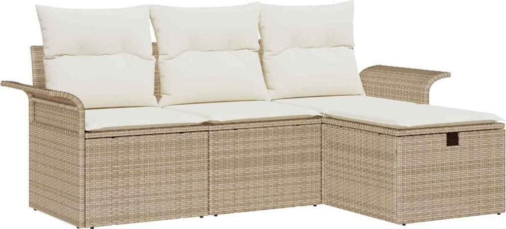 vidaXL Garten-Sofa-Set mit Kissen mit Speicher 4 pcs Beige Poly Rattan