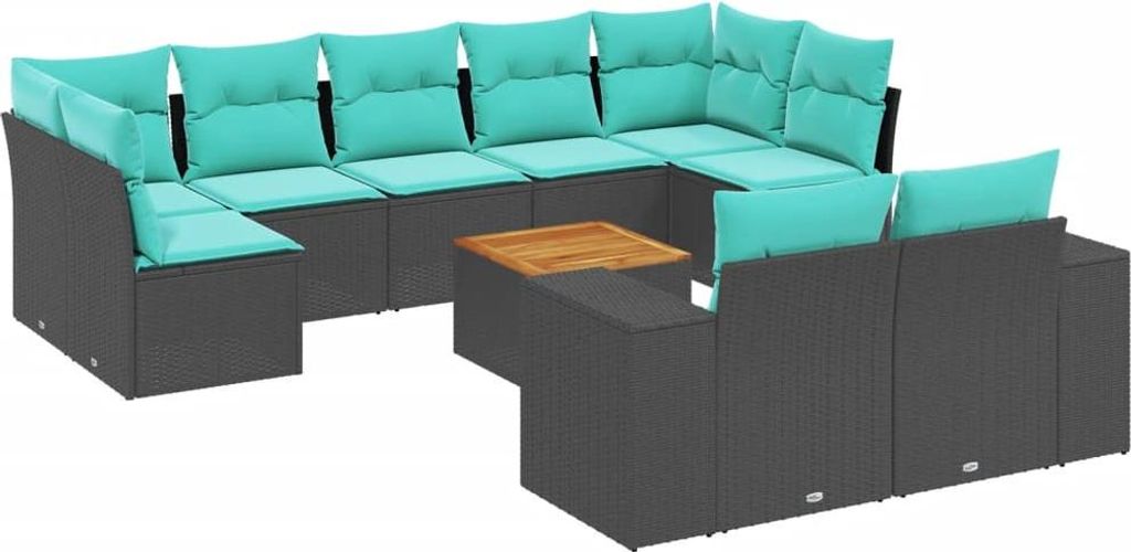 10-teiliges Gartensofa-Set mit Kissen, schwarzes Polyrattan