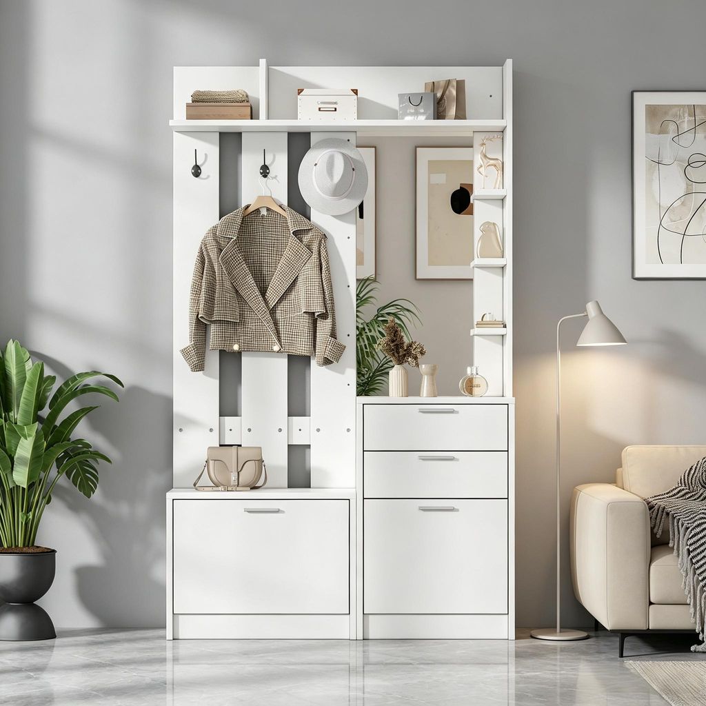 Merax garderobe met schoenenbank en spiegel, gangkast met Productafbeelding 