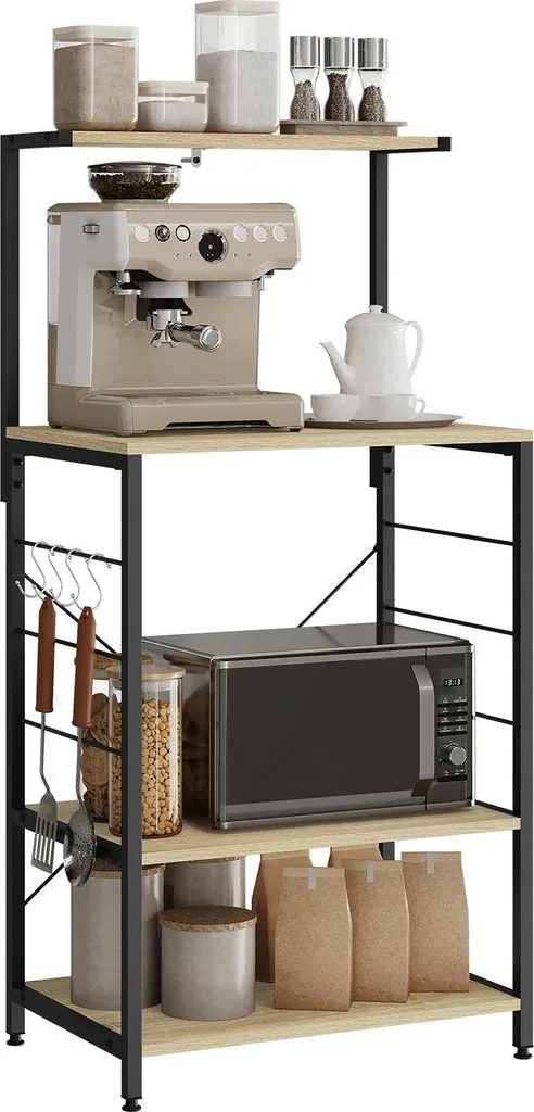 Étagère Micro-ondes 60x123x40 cm avec 4 Tablettes en Chêne et Noir