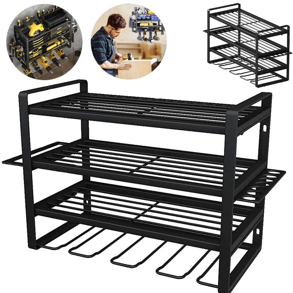 Werkzeughalter Wandmontage - Regal für Elektrowerkzeuge - 4 Ebenen Metall, Bohrerhalter - 40×20×31 cm, 50 kg Tragkraft - Garage Werkstatt - Schwarz