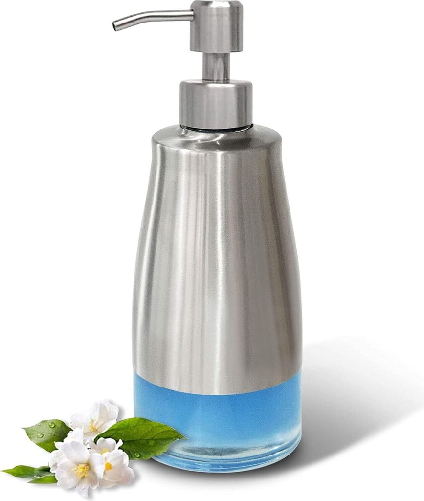 Seifenspender aus Glas und Edelstahl mit Etiketten, nachfüllbar, für Küche, Bad, Büro, Hotel (300 ml)