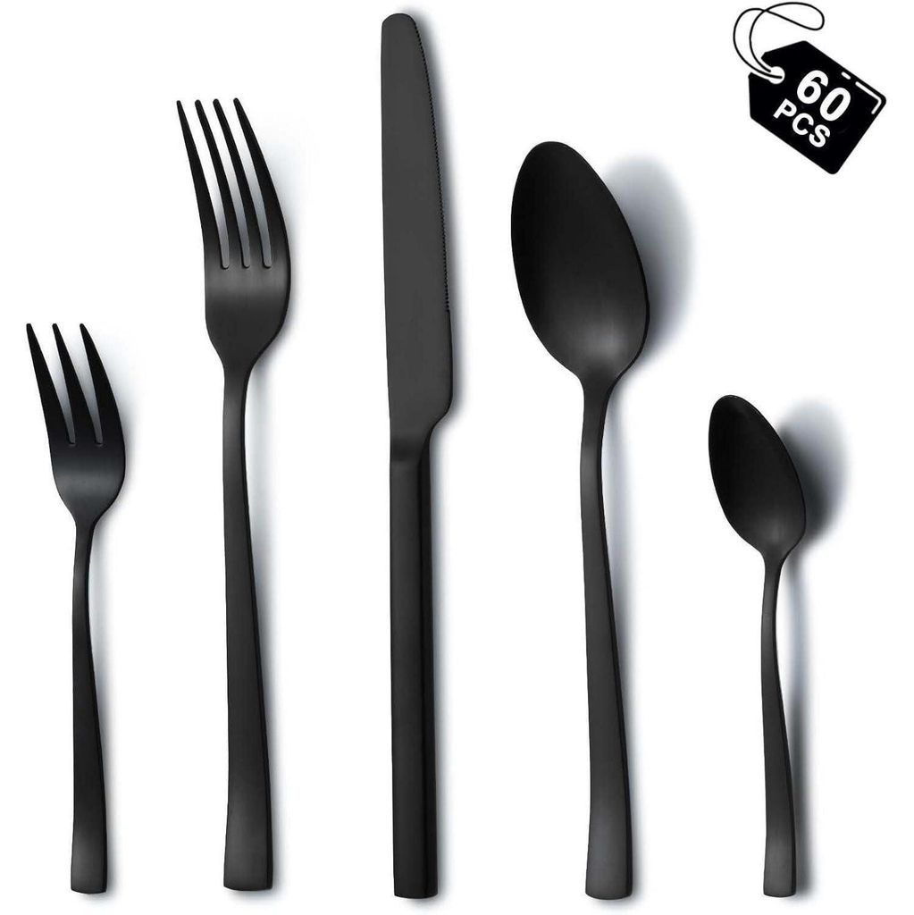 Besteckset 60-teilig für 12 Personen, Edelstahl, Schwarz, Produktbild 