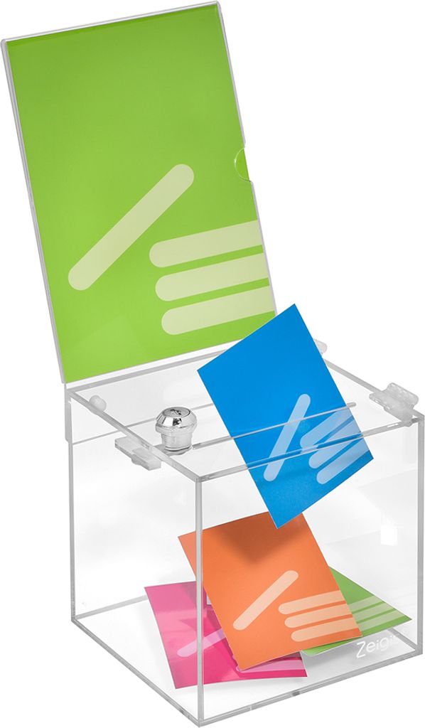 Losbox aus Acrylglas in 150x150x150mm mit Schloß und Topschild DIN A5 Hoch - Zeigis / Spendenbox / Aktionsbox / Gewinnspielbox / transparent / d...