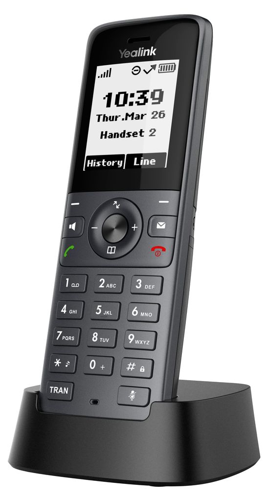 A cordless phone and its charging base are shown against a light gray background.