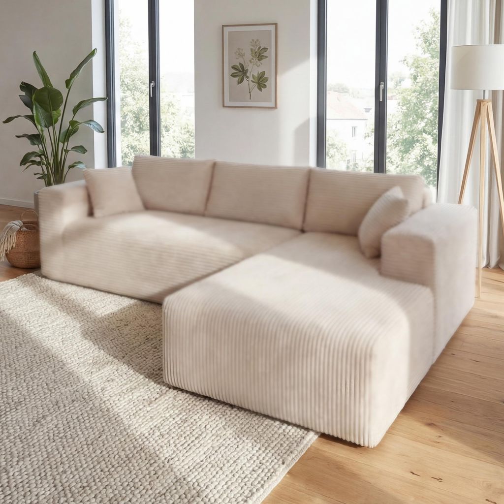 Ecksofa mit breiter Liegefläche, Kompressionsschaum-Sofa mit 5 Kissen, Beige, Stoff + Schaumstoff, 270 × 175 × 62 cm