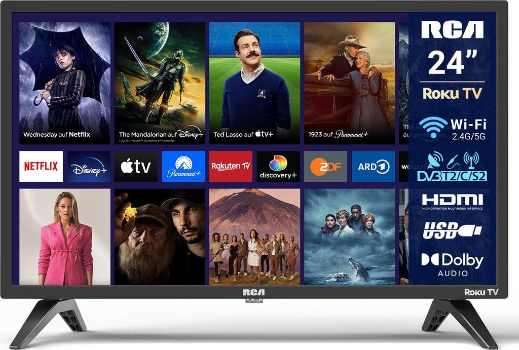 A television screen displaying various streaming service logos and show previews.