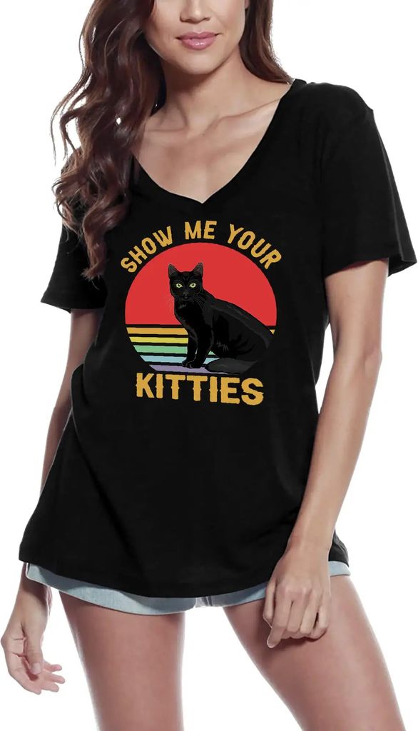 Damen Grafik T-Shirt V-Ausschnitt Zeig mir deine Kätzchen - Retro-Katzen-Sonnenuntergang – Show Me Your Kitties - Retro Cat Sunset