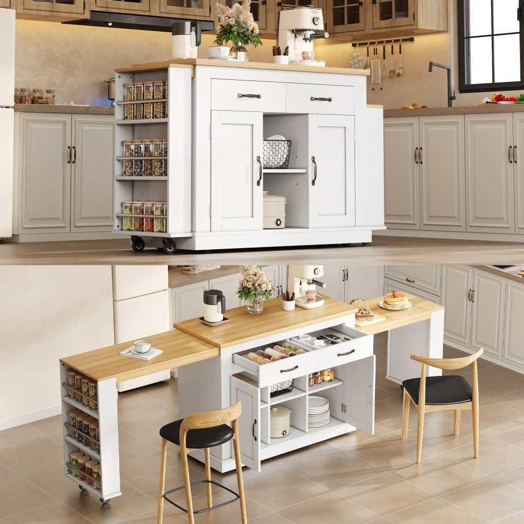 Stylische mobile Kücheninsel mit einstellbaren Regalen, 2 Steckdosen, 2 USB-Anschlüssen, ausziehbaren Flächen, ideal für jeden Raum. Maße: 142...