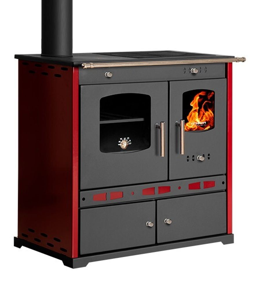 A freestanding wood-burning stove with a black chimney pipe, red side panels, and a dark gray front. The front features two glass-doored compartments, one showing a fire, and two drawers below.
