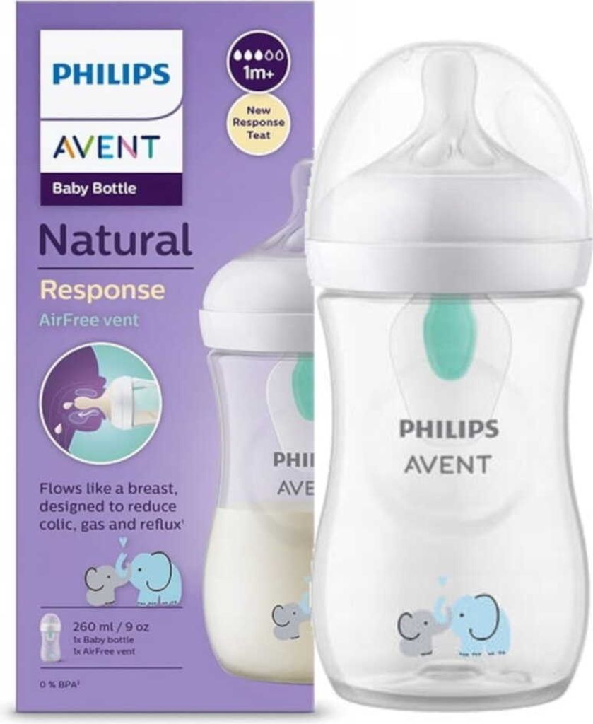 A Philips Avent baby bottle and its packaging are shown.