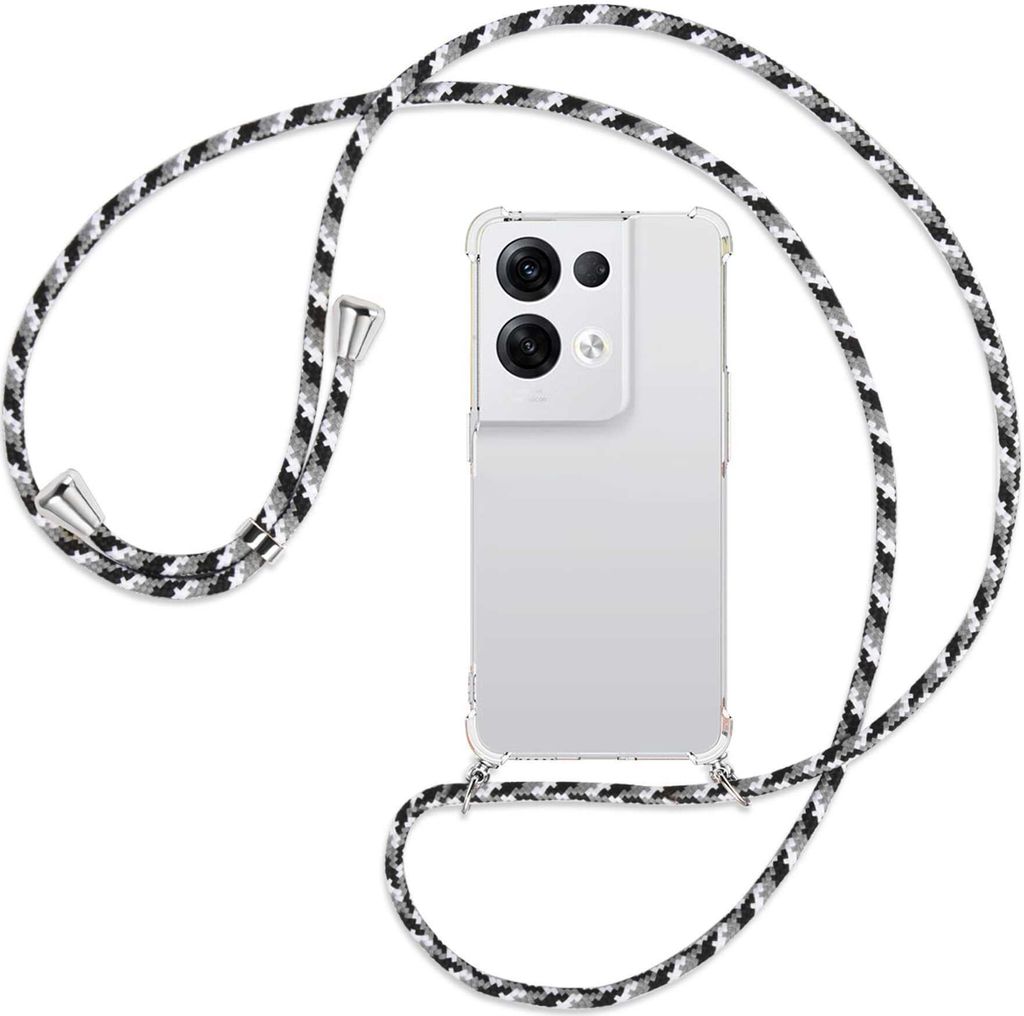 Handykette Backcover-Schutzhülle mit Band (Metall silberfarben) für Oppo Reno8 Pro 5G (6.62'') - schwarz/grau/weiß