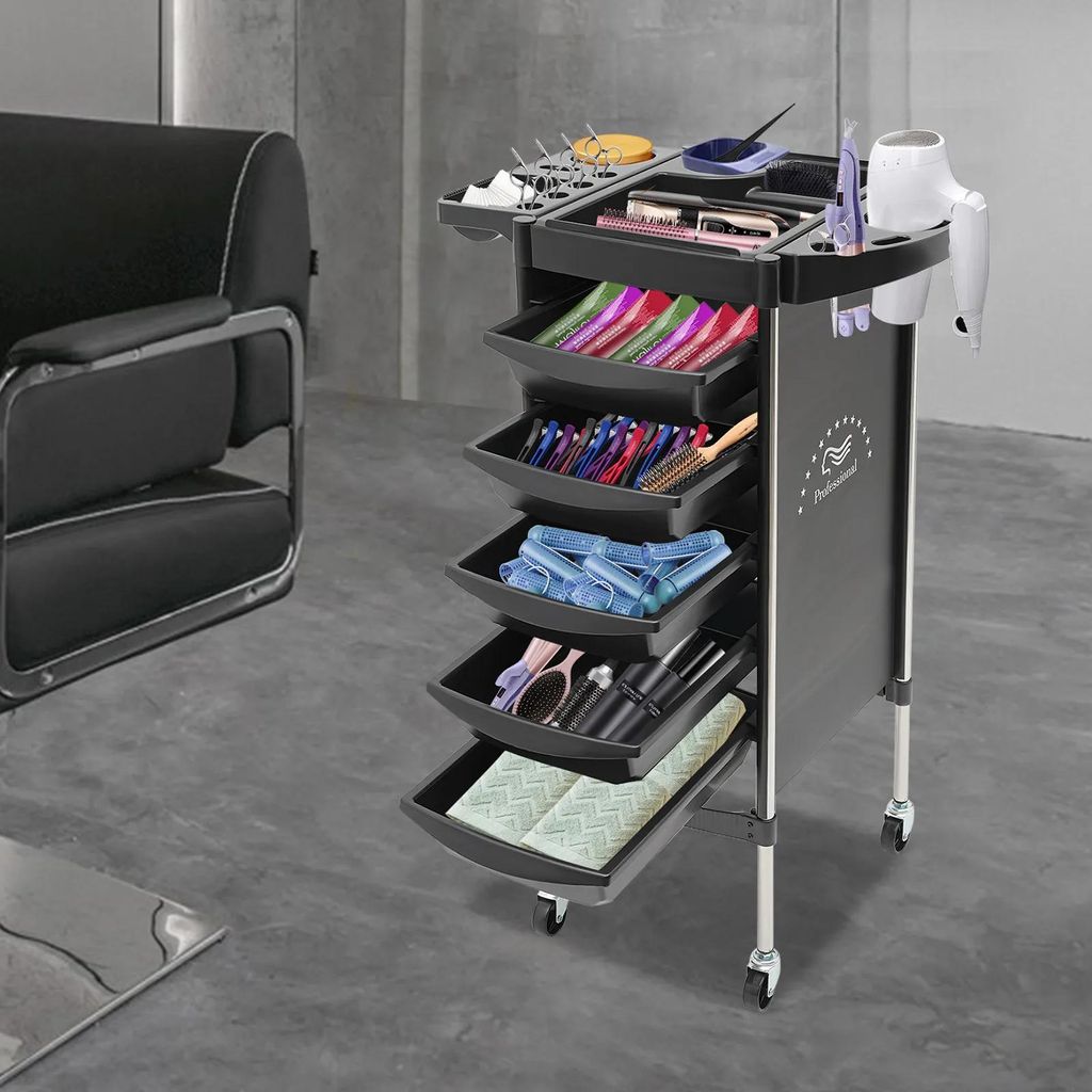 Salonwagen - Friseurwagen - 6 Ebenen - Edelstahlrohr & Kunststoff - Korrosionsbeständig/Rostfrei - Für Friseursalon/Beauty-Salon - Schwarz