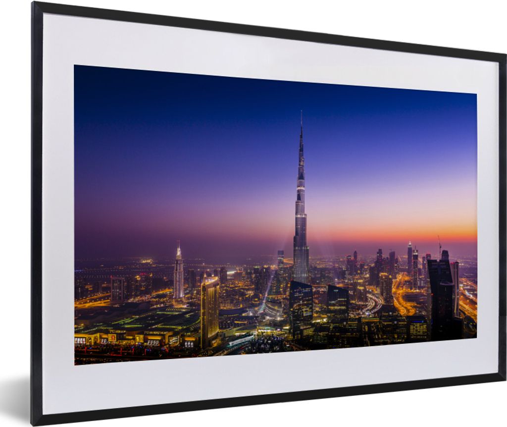 MuchoWow MuchoWow Gerahmtes Poster Bunter Himmel über dem Burj Khalifa-Wolkenkratzer und Dubai 60x40 cm - Poster mit zchwarzem Bilderrahmen - ...