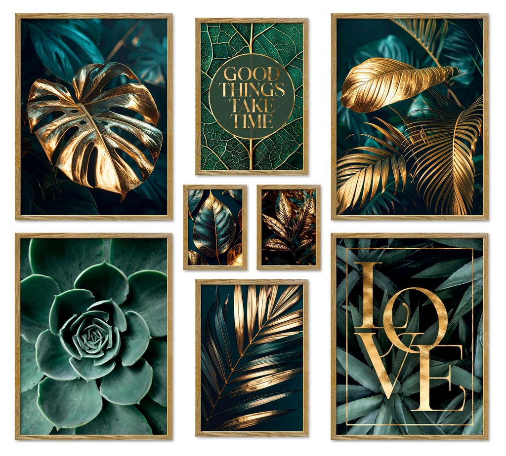 ARTFAVES Poster Set - Gold Plant Harmony I mehrteilige Bilderwand für Wohnzimmer, Schlafzimmer I Wandbilder Pflanzen I mit Rahmen Eiche-Optik