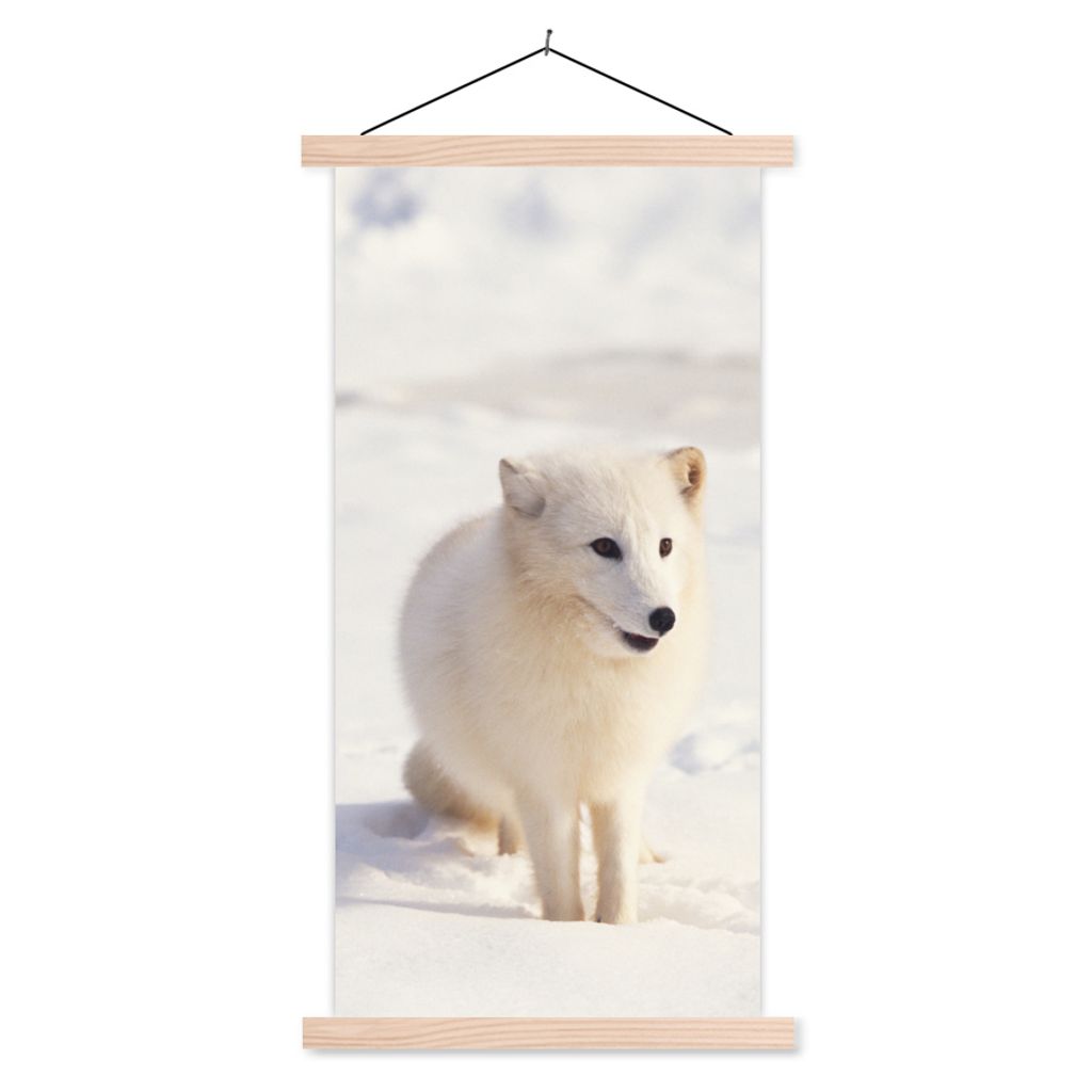 MuchoWow Textilposter Fuchs - Schnee - Weiß 60x120 cm mit holzfarbenen Rahmen - Holz