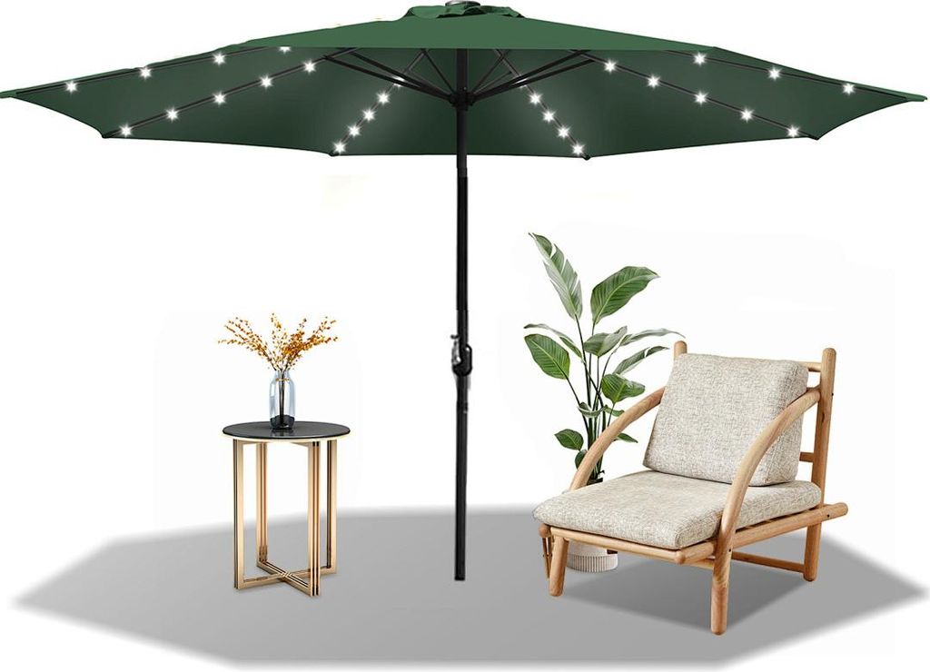 Faziango 3.5m Sonnenschirm UV50+ Sonnenschutz Gartenschirm Strandschirm LED Solar, ohne knickbar, Schirmtuch mit PA-Beschichtung, Grün
