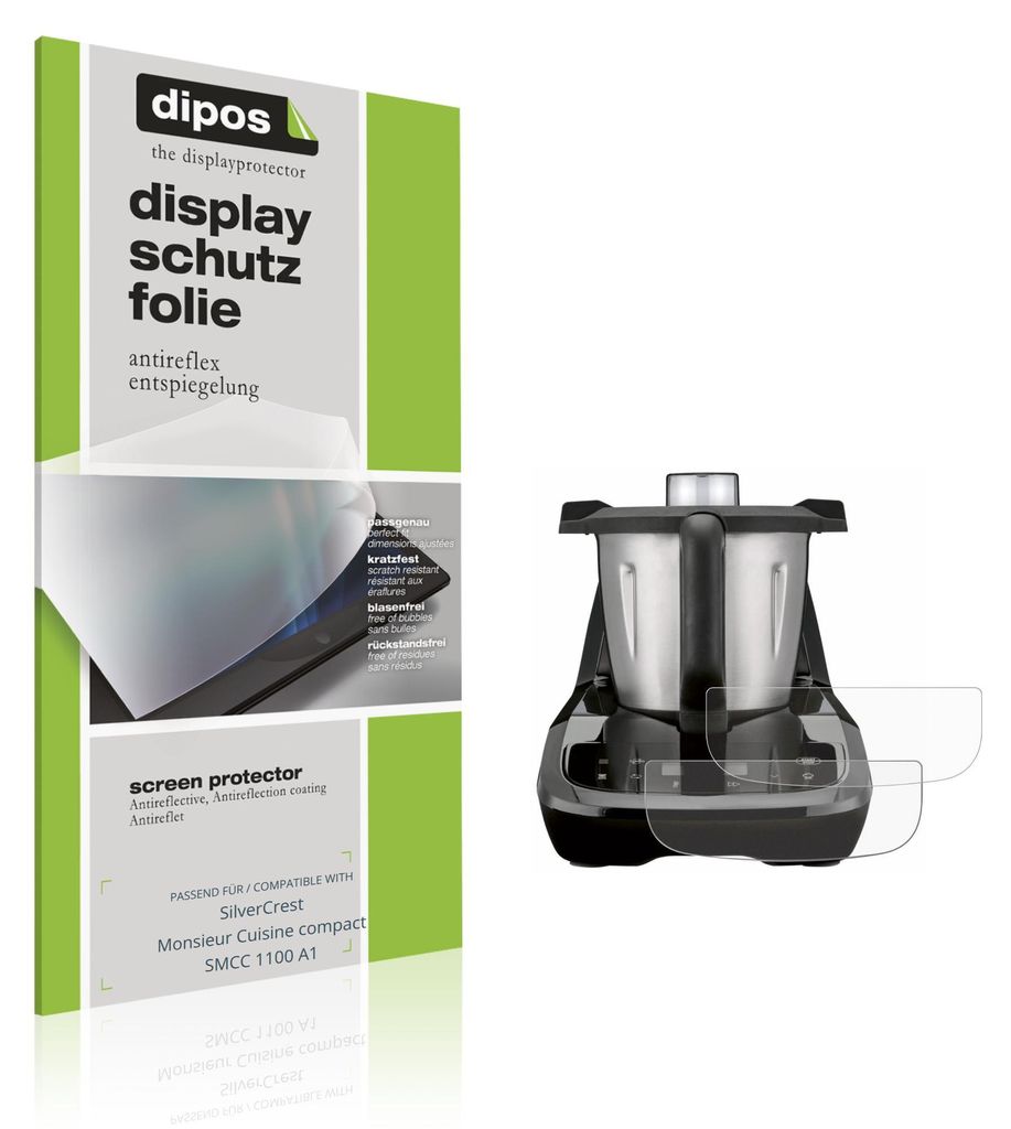 2x Schutzfolie für SilverCrest Monsieur Cuisine compact SMCC 1100 A1 matt Displayschutzfolie Folie Display Schutz dipos