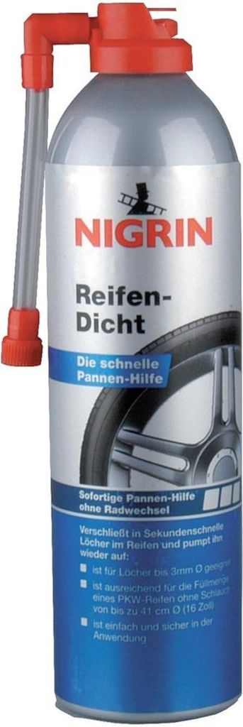 A can of NIGRIN Reifendicht tire sealant with a nozzle.