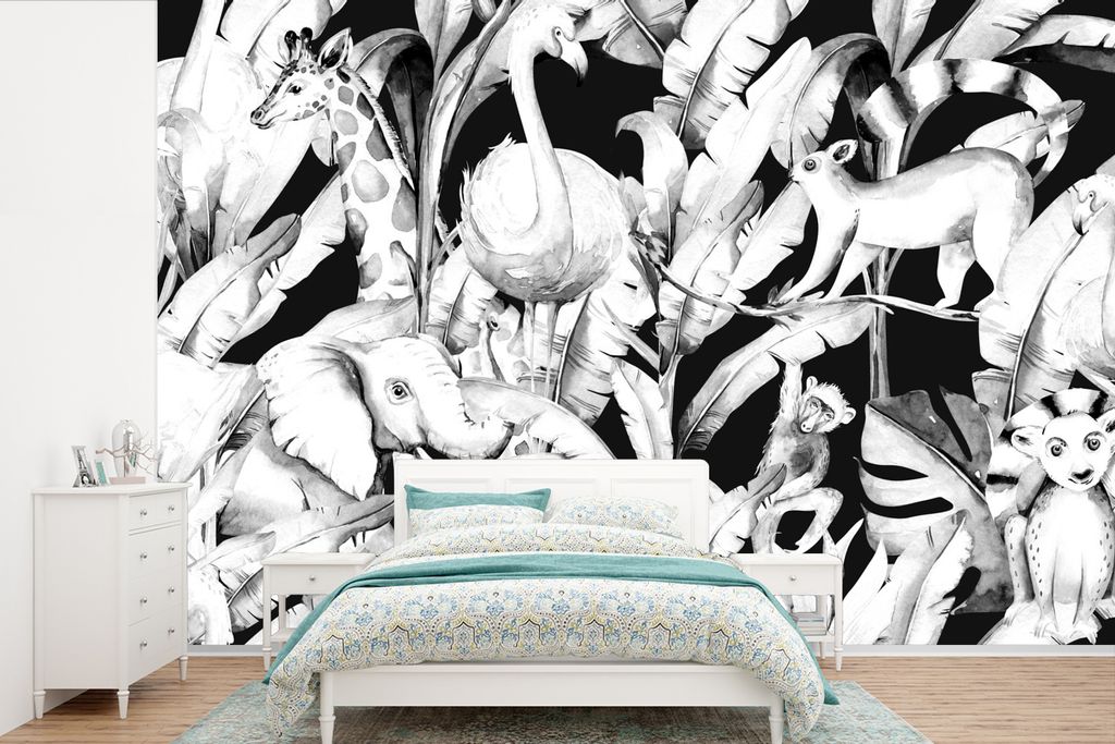 MuchoWow Fototapete für Wohnzimmer oder Schlafzimmer Wandtapete Vinyl Motivtapete Wasserfarben - Dschungel - Elefant - Giraffe - Jungen - Blau -...