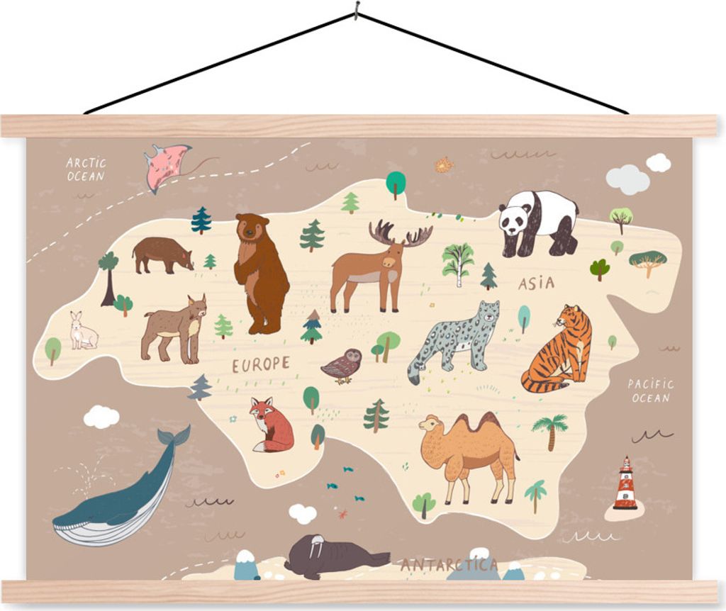 MuchoWow Textilposter Weltkarte - Braun - Tiere - Jungen - Mädchen 120x80 cm mit holzfarbenen Rahmen - Aufhängeset