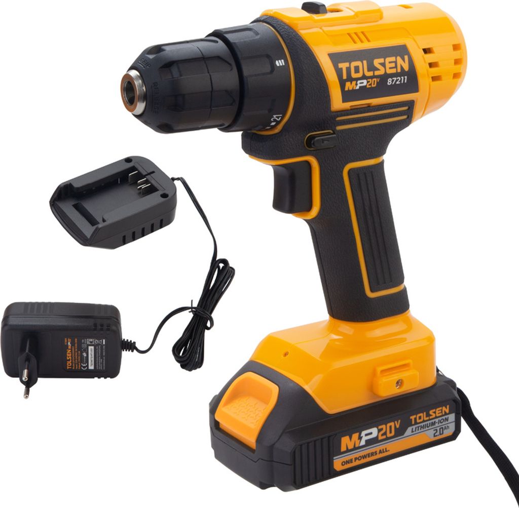 Tolsen Bohrmaschinen-Set 0–1500 U/min – 20-V-Li-Ion-Akku – Inklusive 1 x 20-V-Li-Ion-Akku (2,0 Ah) und Schnellladegerät