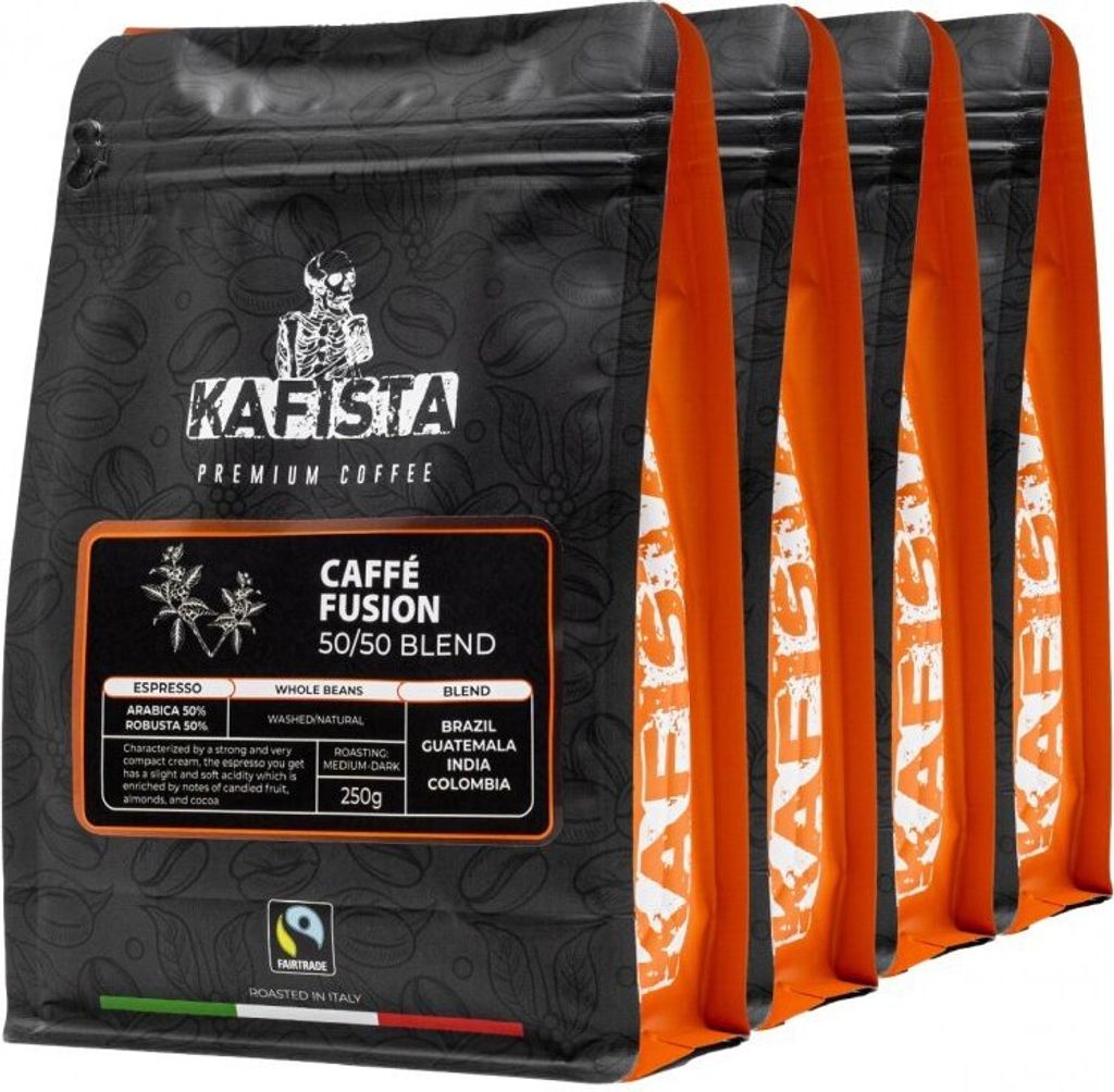 Kafista Kaffeebohnen "Café Fusion 50/50" - Geröstet in Italien, Arabica & Robusta Mischung, Espresso 4x250g