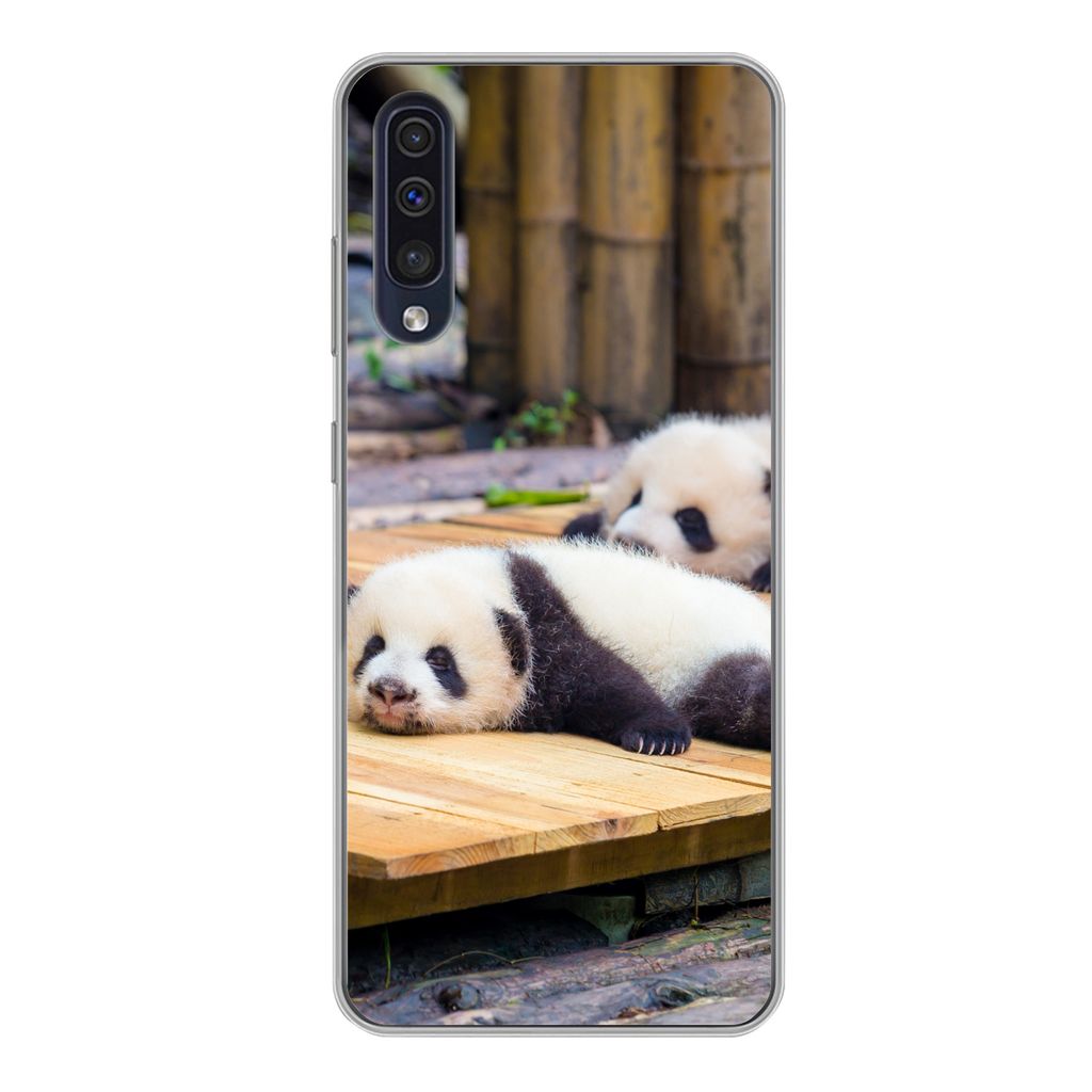 MuchoWow Handyhülle Schutzhülle Hülle für Samsung Galaxy A50 Pandas - Boden - Holz Silikon Softcase Handy Hülle - Mobiltelefonhülle