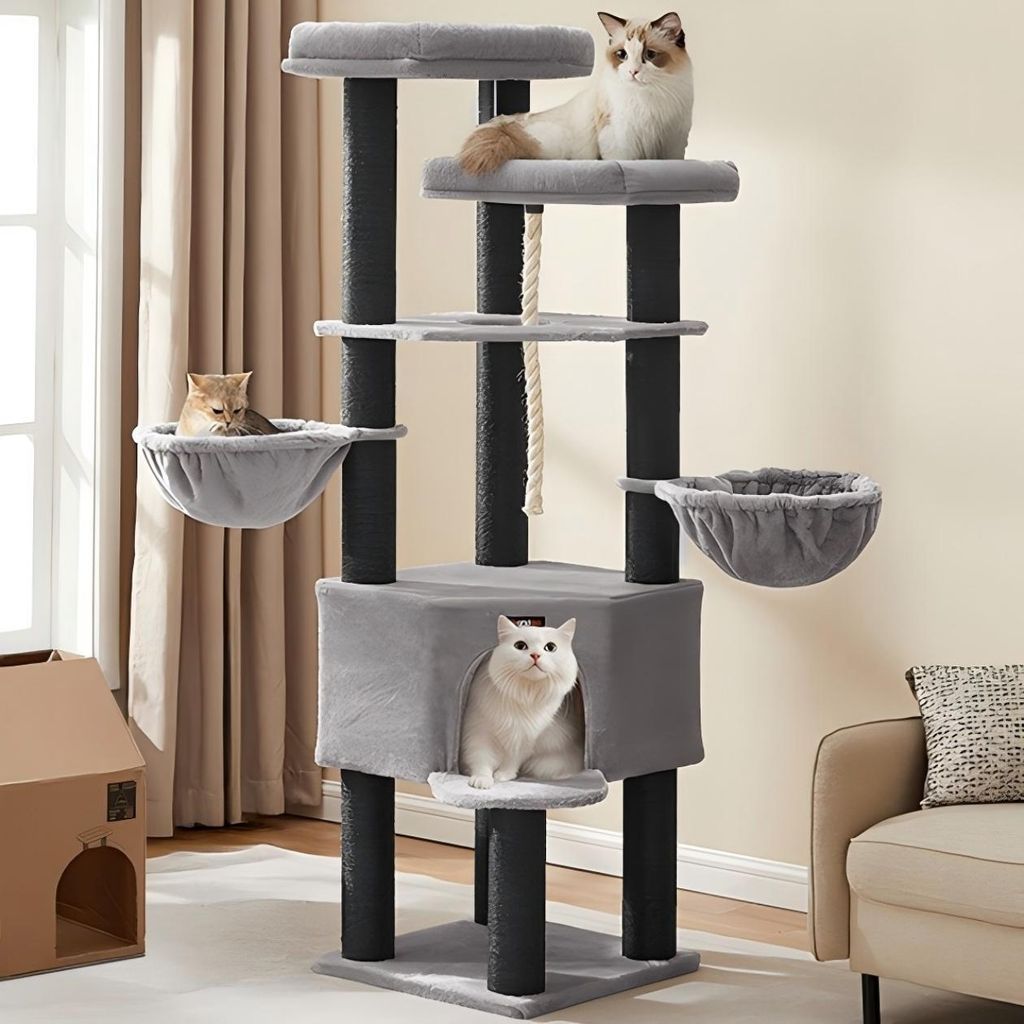 FEANDREA Kratzbaum 186 cm, Katzenbaum für große katzen, 13 dicken Säulen (11 cm d), stabil, Kippschutz, Tintenschwarz