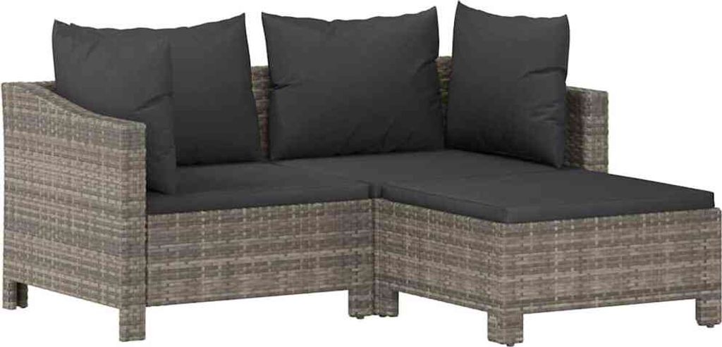 vidaXL 3-tlg. Garten-Lounge-Set mit Kissen Grau Poly Rattan Produktbild 