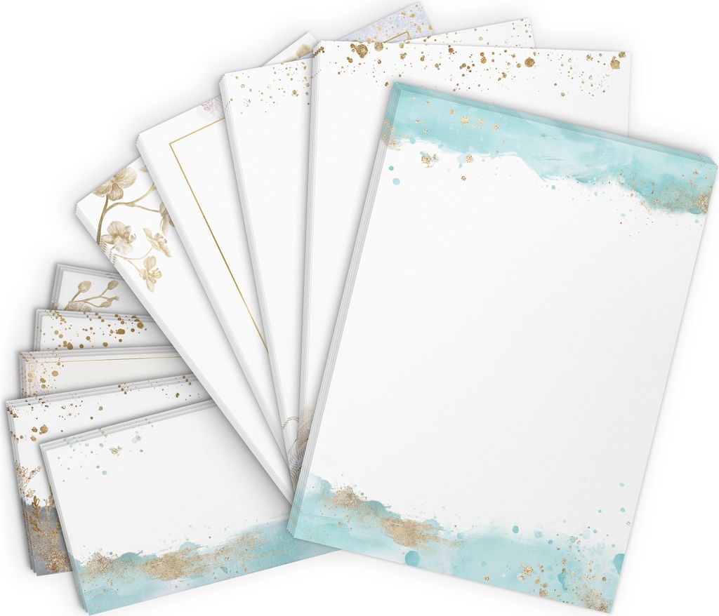 100 Teile Set - Großer Briefpapier und Umschlag Mix mit 5 Motiven - Motivpapier Briefumschlag edel modern - Aquarell Goldakzent Look