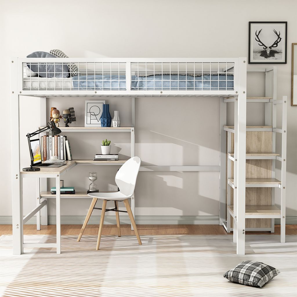 Hausbett mit Ablageleiter Einbauschrank und Schreibtisch Hochbett Kinderbett Einzelbett Metallbett Ohne Matratze 140*200 cm Weiß