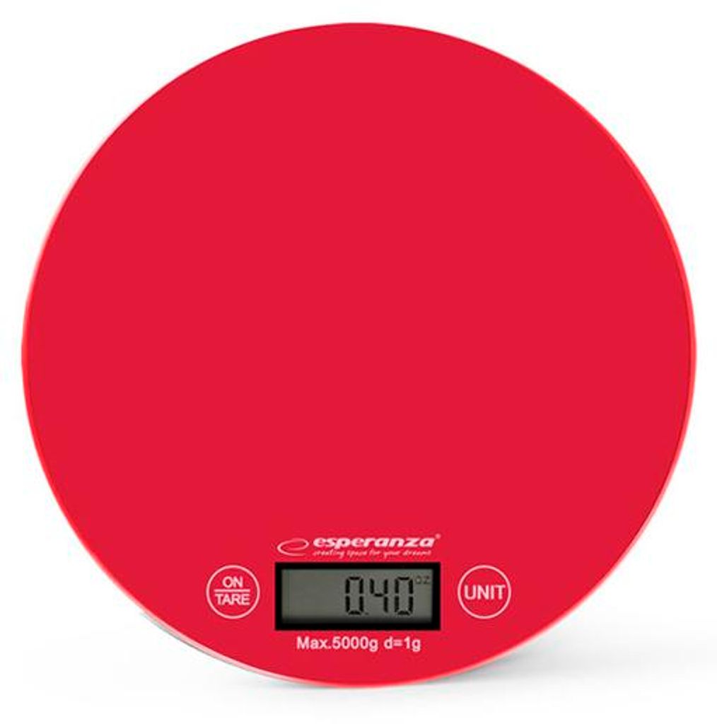 A top-down view of a red digital kitchen scale.