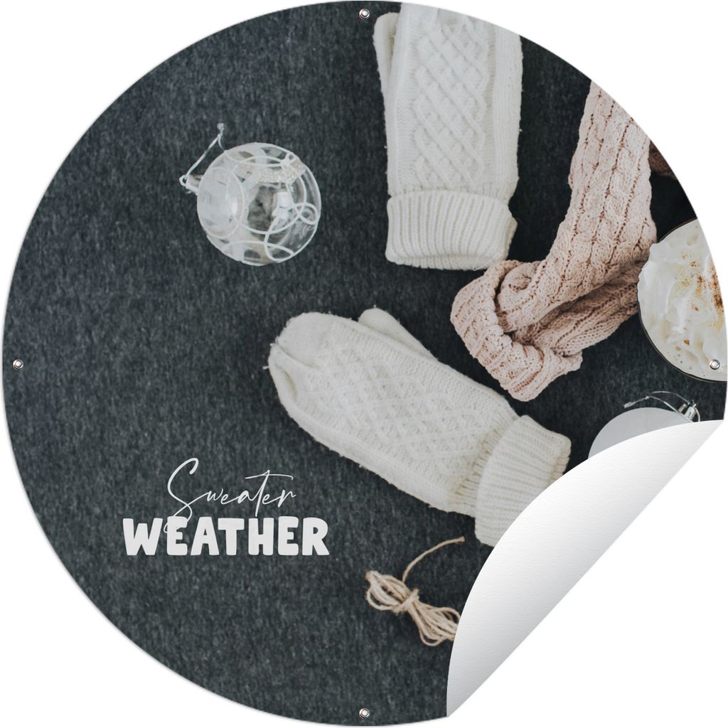 MuchoWow Gartenposter Outdoor-Poster Rund Winter - Pullover - Zitat Ø 90 cm Gartendeko Rundes Poster draußen