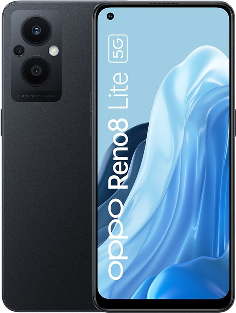 A black Oppo Reno8 Lite 5G smartphone is shown from the front and back, with the screen displaying marketing text.