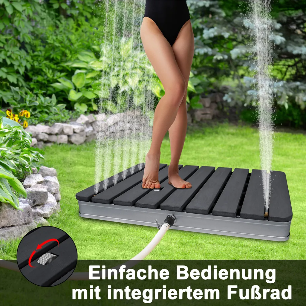 Douche extérieure avec roue réglable et plateforme WPC - Design Gris