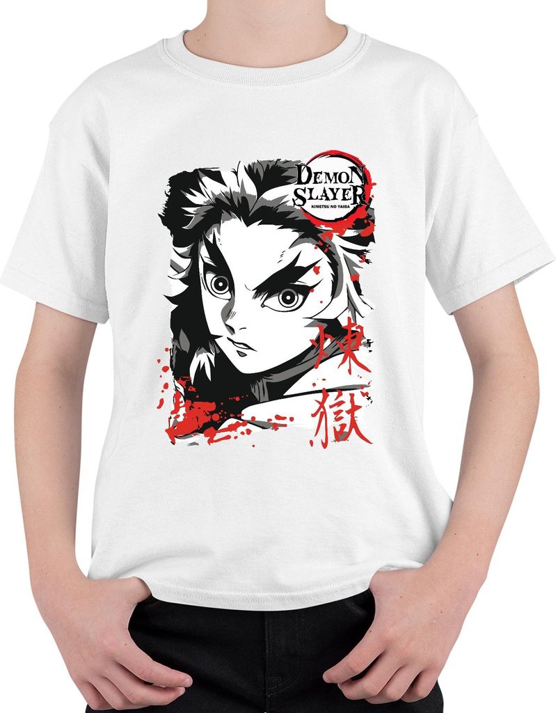Demon Slayer Kimetsu no Yaiba Rengoku Feuer Anime Geschenk Uni Kinder T-Shirt, Weiß, 140