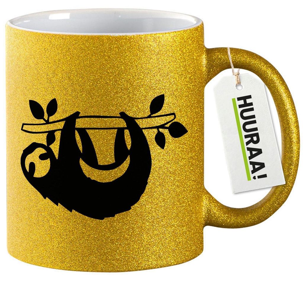 Huuraa Glitzertasse Faultier Silhouette 330ml Gold Keramik Kaffeebecher Geschenkidee
